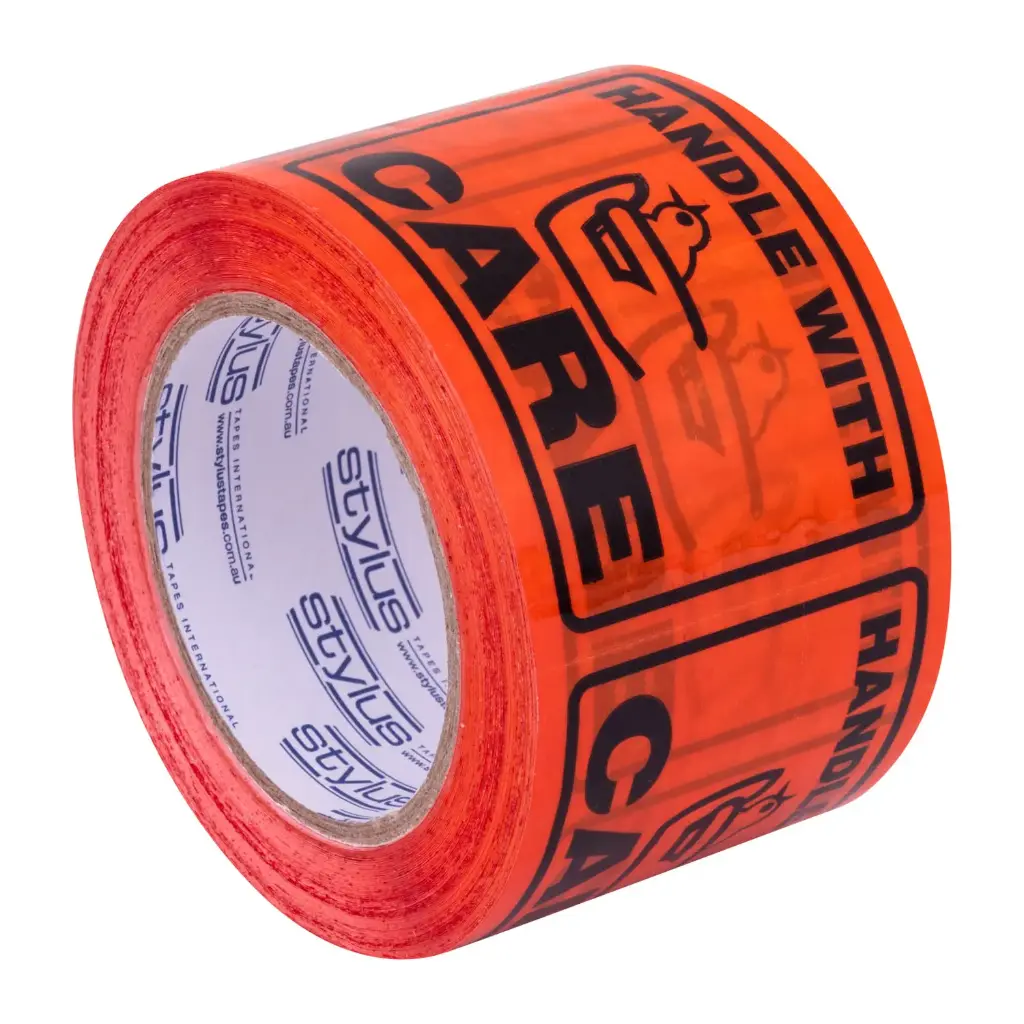 Label Tape Handle With Care 75mm x 50m PVC Black/Orange