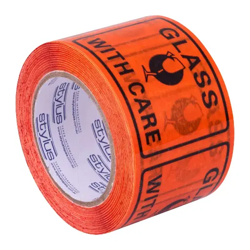 [5005] Label Tape Glass With Care 75mm x 50m PVC Black/Orange